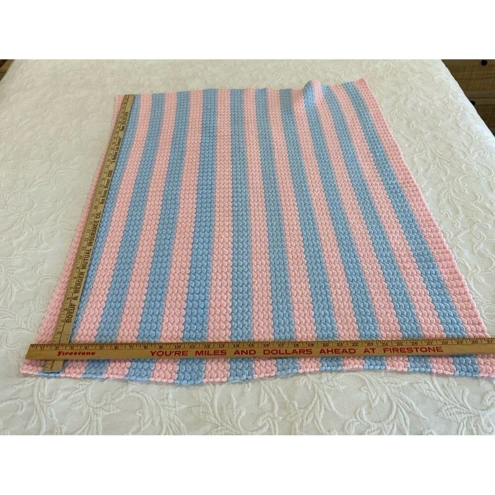 Vintage Handmade Crochet Baby‎ Afghan Pink Blue Stripes Shower Gift Christening